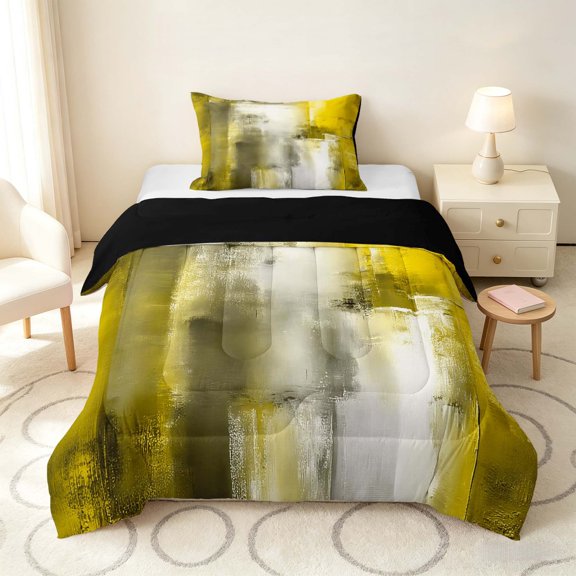 Manfei Abstract Oil Painting Twin Comforter Sets, Yellow Gray Brushstroke Bedding Set, Yellow Gray, Black Reversible 2pcs, 1 Comforter and 1 Pillowcase