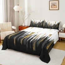 Manfei Abstract Oil Painting Twin Sheet Sets 3pcs, Black Gold Ombre Twin Fitted Sheet, Watercolor Brush Strokes Flat Sheet, Luxury Bedroom Decor