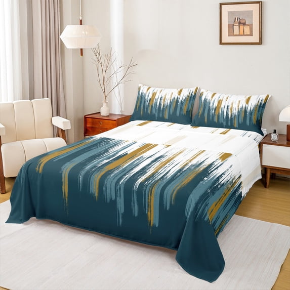 Manfei Abstract Oil Painting Twin Sheet Sets 3pcs, Teal Gold Ombre Twin Fitted Sheet, Watercolor Brush Strokes Flat Sheet, Ultra Soft Home Decor