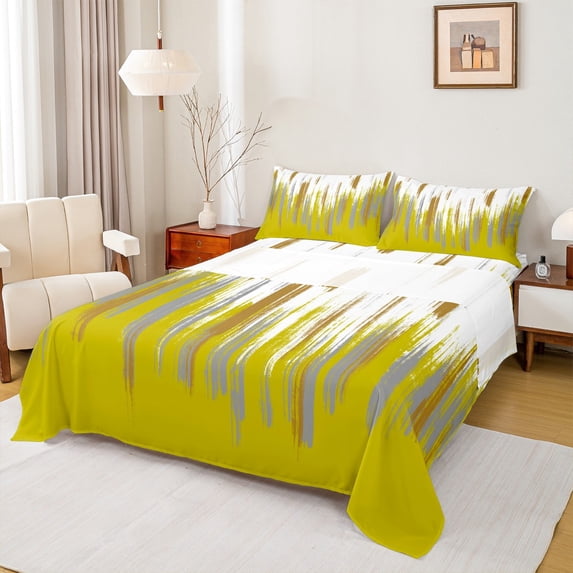 Manfei Abstract Oil Painting Twin Sheet Sets 3pcs, Yellow Gold Ombre Twin Fitted Sheet, Watercolor Brush Strokes Flat Sheet, Ultra Soft Home Decor