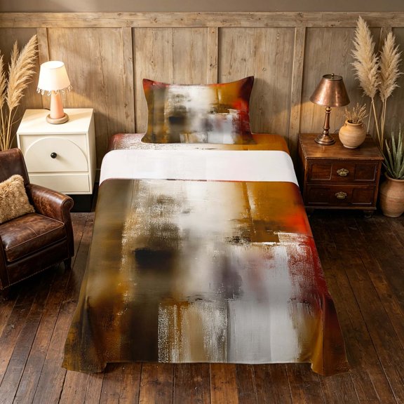 Manfei Abstract Oil Painting Twin Sheets, Red Brown Brushstroke Bedding, Red Brown, Black Reversible 3pcs1 Flat Sheet + 1 Fitted Sheet + 1 Pillowcase