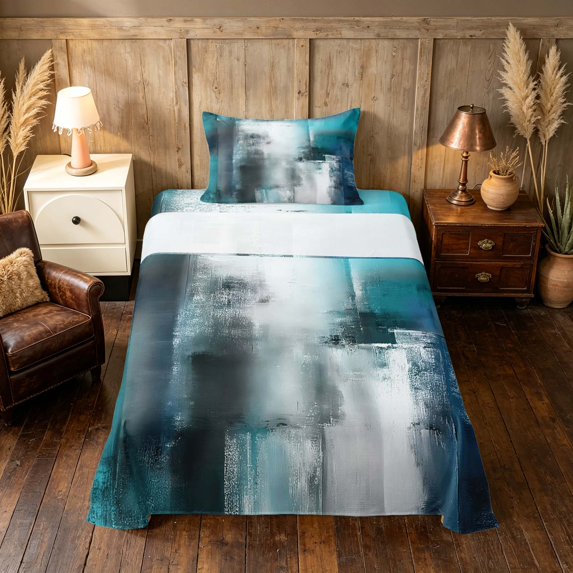 Manfei Abstract Oil Painting Twin Sheets, Teal Blue Brushstroke Bedding, Teal Blue, Black Reversible 3 Pieces1 Flat Sheet + 1 Fitted Sheet + 1 Pillowcase