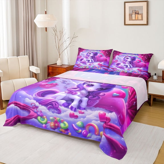 Feelyou Dreamy Cartoon Unicorn Full Size Sheets for Kids, Kawaii Magic Animal Bed Sheets, Love Heart Sheet Sets, Microfiber Bedroom Decor, 4-Piece