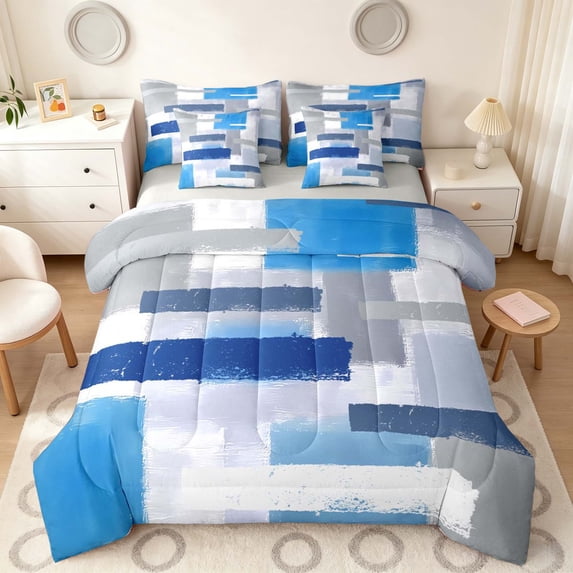 Manfei Abstract Ombre Rectangle Full Size Bedding Sets, Blue Black Gray Full Size Bed in a Bag, Gray Reversible 7pcs