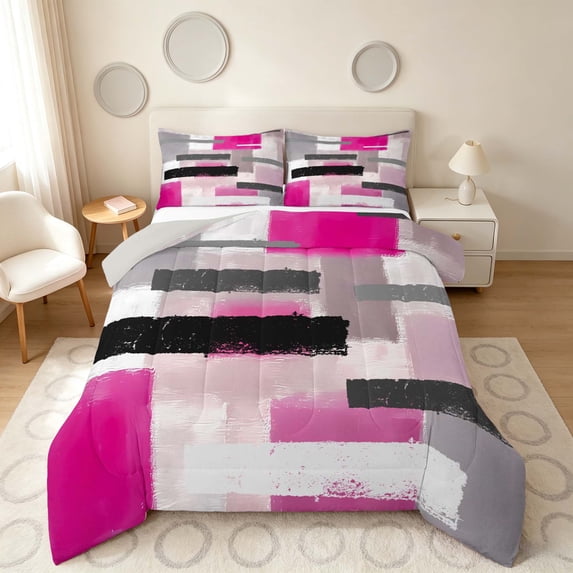 Manfei Abstract Ombre Rectangle Full Size Comforter Sets, Pink Black Gray Bedding Comforter Set, Gray Reversible 3pcs, 1 Comforter and 2 Pillowcases