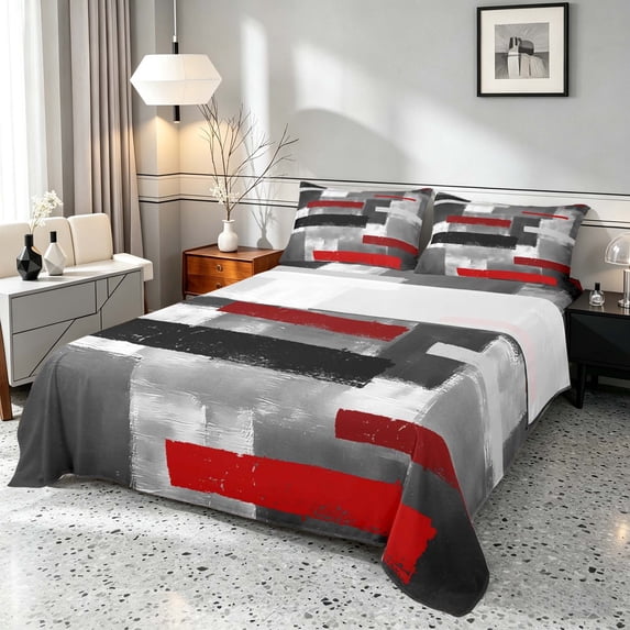Manfei Abstract Ombre Rectangle Queen Sheets, Red Black White Queen Sheet Sets, Black Reversible 4pcs1 Flat Sheet + 1 Fitted Sheet + 2 Pillowcases