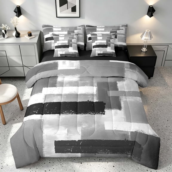 Manfei Abstract Ombre Rectangle Twin Bedding, Black White Gray Bedding Comforter Set, Black Reversible 7-Piece