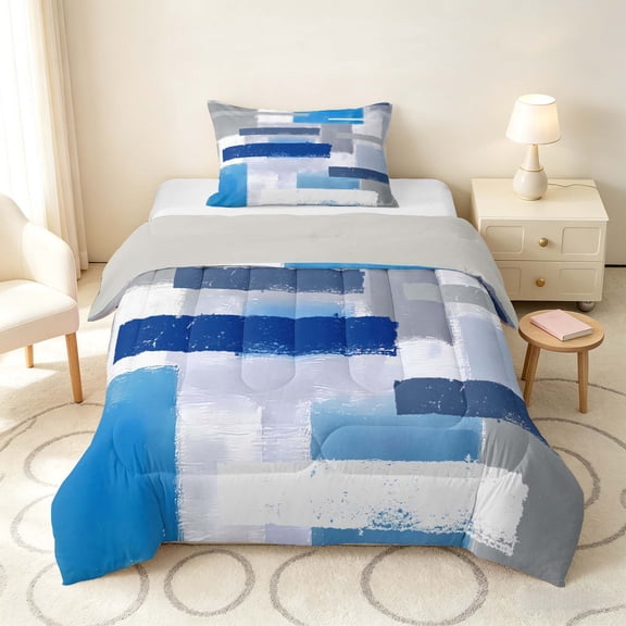 Manfei Abstract Ombre Rectangle Twin Comforter Sets, Blue Black Gray Bedding Set, Gray Reversible 2-Piece, 1 Comforter and 1 Pillowcase