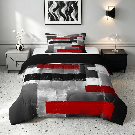 Manfei Abstract Ombre Rectangle Twin Comforter Sets, Red Black White Bedding Set, Black Reversible 2pcs, 1 Comforter and 1 Pillowcase