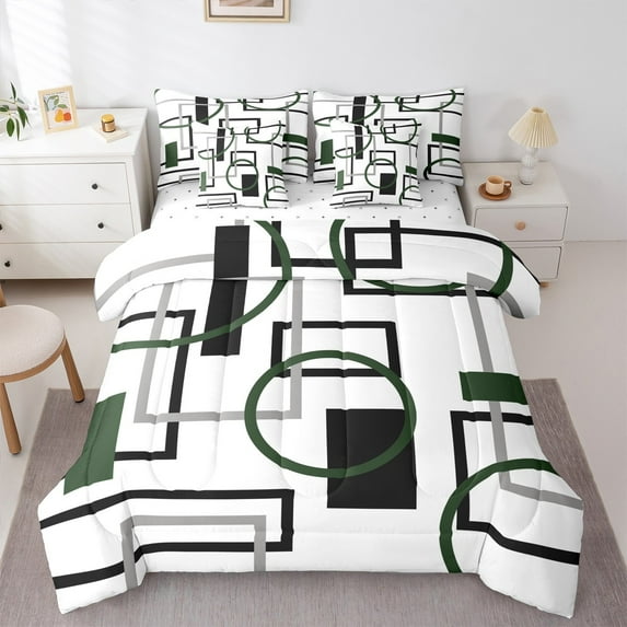 Manfei Abstract Ombre Twin Bedding Sets 7-Piece for Adult, Vintage Minimalism Bedding Comforter Set, Dark Green Circle Reversible Sheet Sets, Super Cozy Room Decor