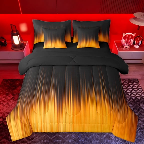 Manfei Abstract Ombre Women Bedding Comforter Set 7pcs, Black Orange Artwork King Bedding Sets, Aesthetic Stripes Lines Reversible Bed Sheets, Microfiber Bedroom Decor