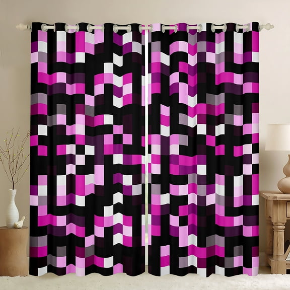 Manfei Abstract Pixel Black Out Curtains,Minimalism Geometric Checkered Curtains Pack of 2 (42x63 Each),Pink Black Bedroom Curtains For Girls Boys,Super Cozy Room Decor