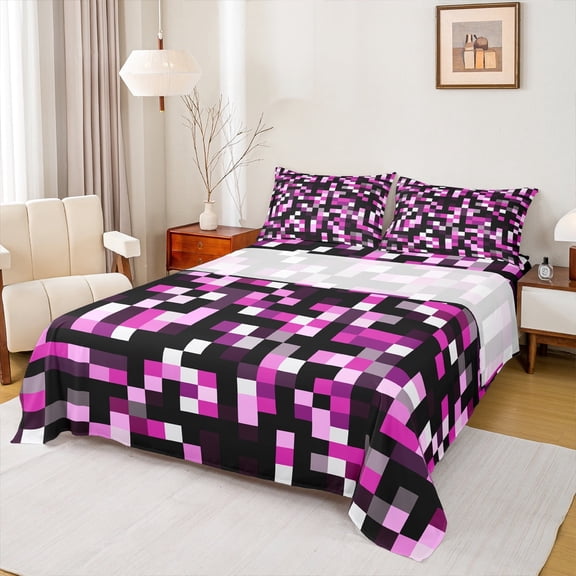 Manfei Abstract Pixel Twin Sheet Sets,Minimalism Geometric Checkered Twin Fitted Sheet,Pink Black Flat Sheet For Girls Boys,Super Cozy Room Decor,3 Pieces