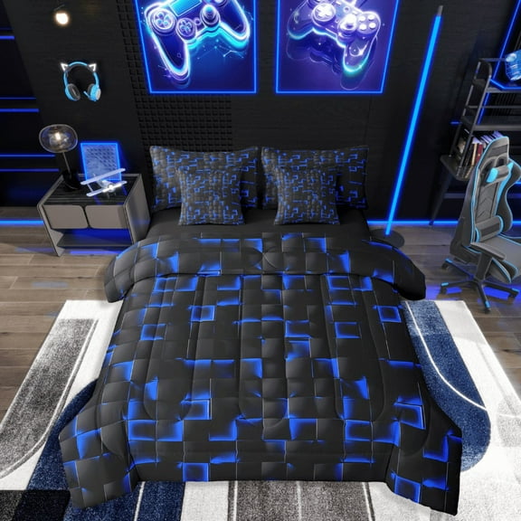 Manfei Abstract Plaid 7-Piece Twin Bedding Sets,Futuristic Cubes Bedding Comforter Set,Geometric Buffalo Breathable Sheet Sets,Breathable Gradient Home Decor,Reversible