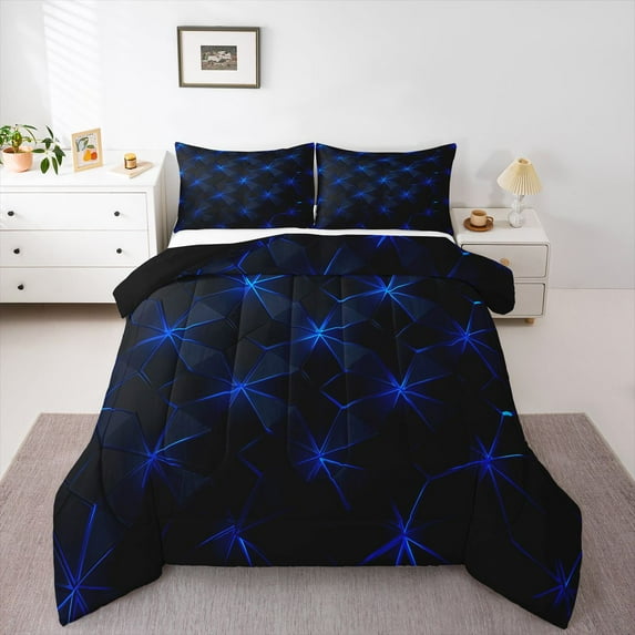 Manfei Abstract Plaid Grid 3 Pieces Queen Comforter Set for Boys Men Teens,Geometric Checkered Ultra Soft Bedding Sets,Black Blue Bedding Comforter Set,Breathable Home Decor,Reversible
