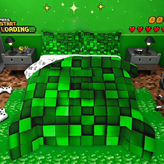 Manfei Abstract Plaid Print Bedding Comforter Set,Stereoscopic Checkered Twin Comforter Sets,Green Pixel Grid Bedding Set For Girls Boys,Breathable Home Decor Reversible,2pcs