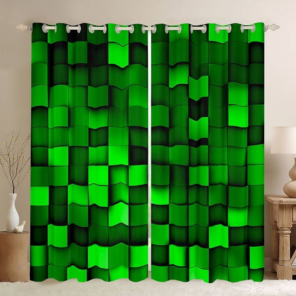 Manfei Abstract Plaid Print Black Out Curtains,Stereoscopic Checkered Curtains Pack of 2 (42x63 Each),Green Pixel Grid Bedroom Curtains For Girls Boys,Breathable Home Decor