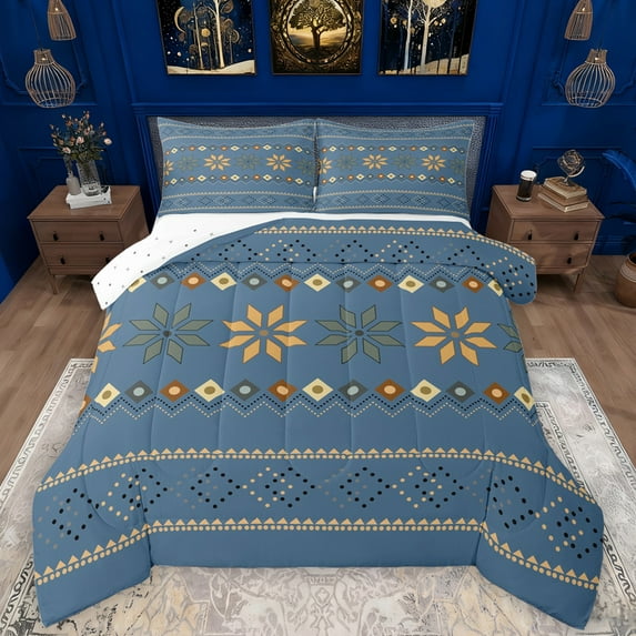 Manfei Abstract Rhombus Floral Full Size Comforter Sets,Retro Boho Geometric Bedding Comforter Set,Blue Brwon Bedding Sets For Girls Boys,Luxury Bedroom Decor Reversible,3 Pieces
