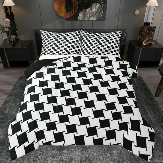 Manfei Abstract Rhombus Print Full Size Comforter Sets,Modern Geometric Bedding Comforter Set,White Black Bedding Sets For Teens,Super Cozy Room Decor Reversible,3 Pieces