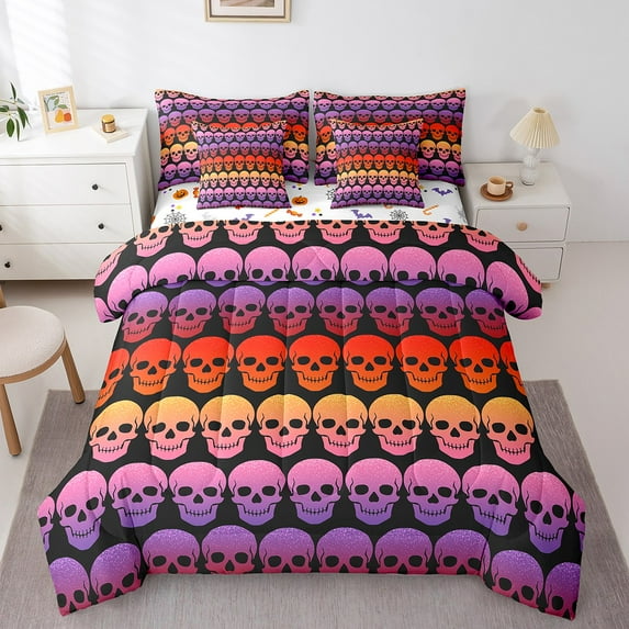 Manfei Abstract Skull 7-Piece Twin Bedding Sets,Bling Glitter Bedding Comforter Set,Gradient Ombre Breathable Sheet Sets,Microfiber Gothic Room Decorative,Reversible