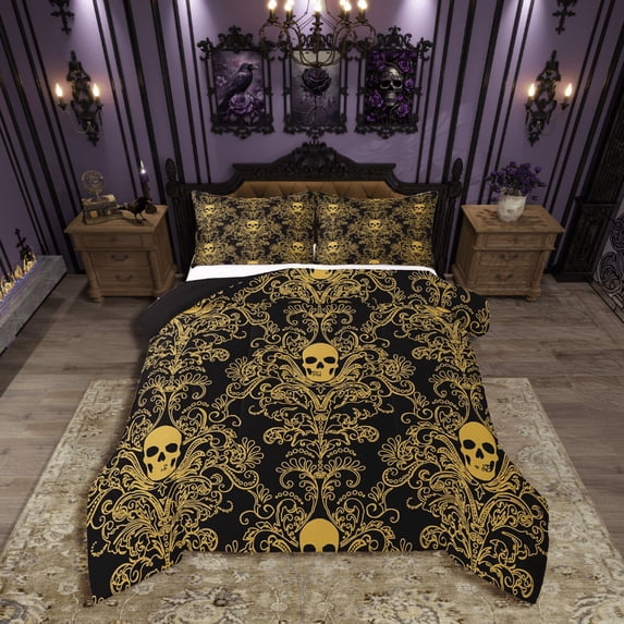 Manfei Abstract Skull Comforter Sets Queen Size,Bohemian Damask Bedding Queen Comforter Set,Gothic Style Comforters & Duvets,Breathable Halloween Room Decor,Reversible,3 Pieces