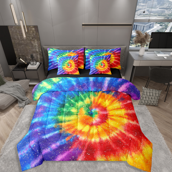 Manfei Abstract Splash 7-Piece Bedding Comforter Set,Tie Dye King Bedding Sets,Colorful Swirl Ultra Soft Bed Sheets,Microfiber Teenager Bedroom Decor,Reversible