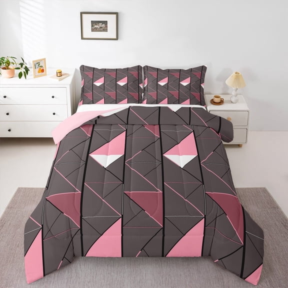 Manfei Abstract Sqare 2pcs Bedding Comforter Set,Geometric Triangle Twin Comforter Sets,Grey Pink Bedding Set,Ultra Soft Teenager Bedroom Decor,Reversible