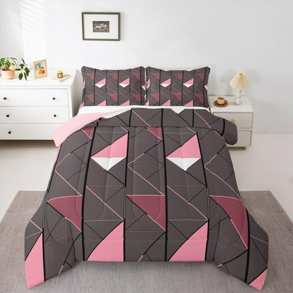 Manfei Abstract Sqare 2pcs Bedding Comforter Set,Geometric Triangle Twin Comforter Sets,Grey Pink Bedding Set,Ultra Soft Teenager Bedroom Decor,Reversible