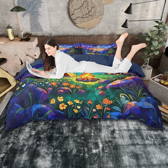 Manfei Abstract Starry Sky Duvet Cover Set for Boys Girls,Kids Teens Happy Camping Bedding Full,3-Piece,No Comforter,Navy Blue Reversible,Luxury Bedroom Decor