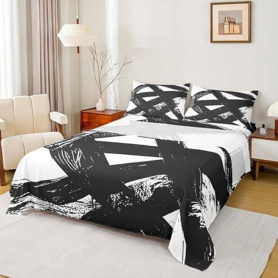 Manfei Abstract Stripe 4pcs Bed Sheets, White and Black King Sheets, Modern Geometric Sheet Set, Ultra Soft Bedroom Decor