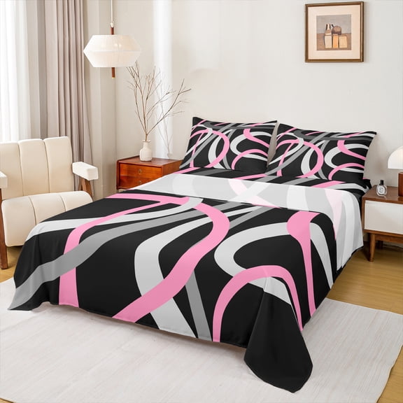 Manfei Abstract Stripes 3pcs Twin Sheet Sets for Female Men,Geometric Lines Twin Fitted Sheet,Retro Vintage Style Breathable Flat Sheet,Breathable Home Decor