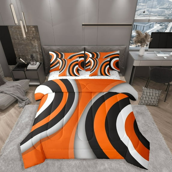 Manfei Abstract Stripes 7-Piece Twin Bedding Sets,Black Orange Bedding Comforter Set,Geometric Theme Breathable Sheet Sets,Breathable Geometric Home Decor,Reversible