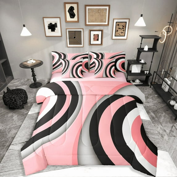 Manfei Abstract Stripes 7-Piece Twin Bedding Sets,Black Pink Bedding Comforter Set,Geometric Theme Breathable Sheet Sets,Breathable Geometric Home Decor,Reversible
