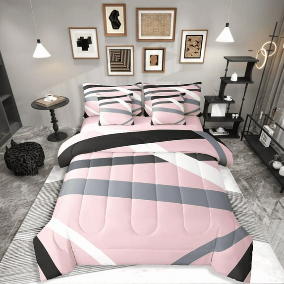 Manfei Abstract Stripes 7-Piece Twin Bedding Sets,Pink Grey Bedding Comforter Set,Geometric Theme Breathable Sheet Sets,Breathable Geometric Home Decor,Reversible