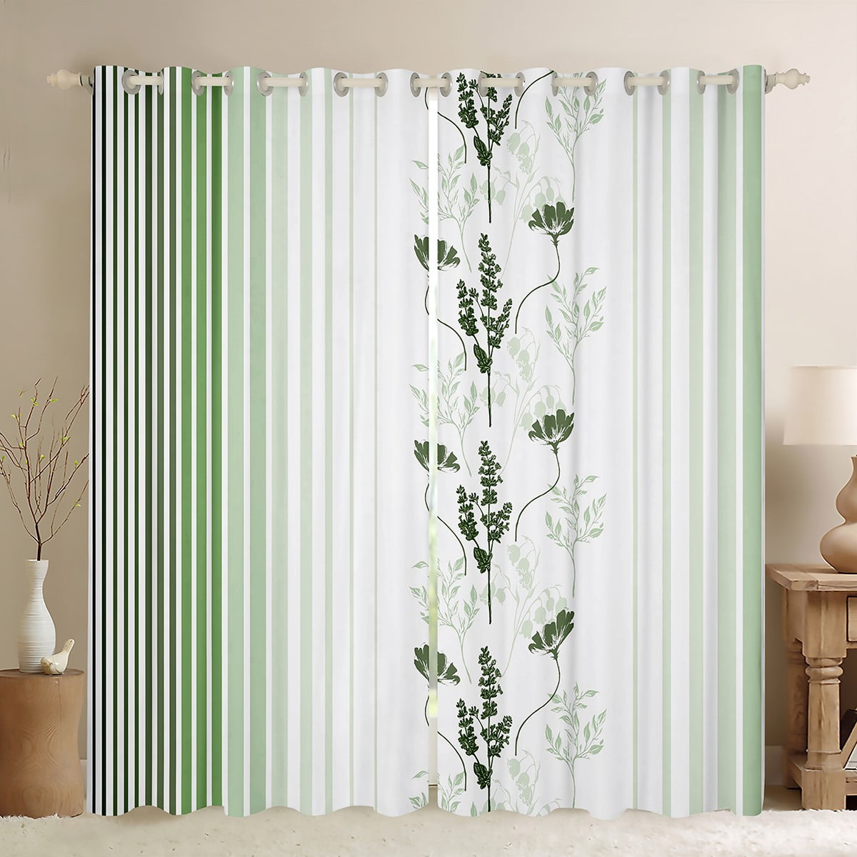 Manfei Abstract Stripes Black Out Curtains,Ombre Flower Curtains Pack