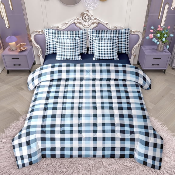 Homewish Abstract Stripes Ombre Bedding Comforter Set 7pcs, Blue Checkered King Bedding Sets, Modern Fashion Plaid Reversible Bed Sheets, Super Cozy Room Decor