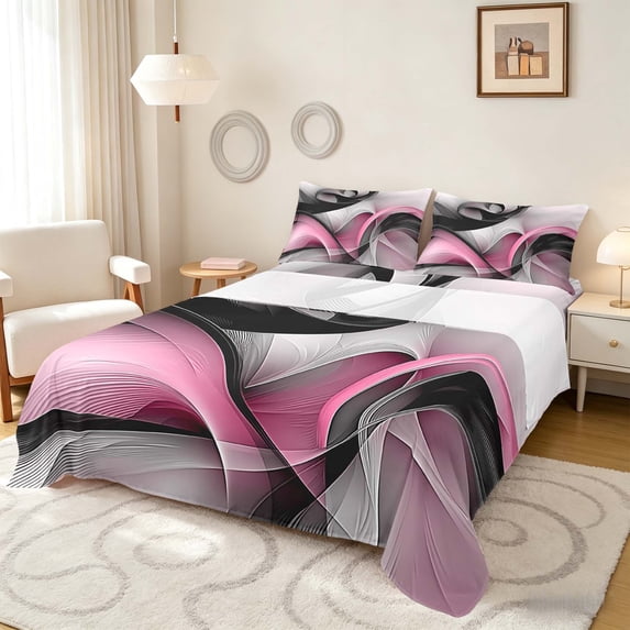 Manfei Abstract Swirl Art Queen Sheets, Pink Black White Queen Sheet Sets, Pink Reversible 4 Pieces1 Flat Sheet + 1 Fitted Sheet + 2 Pillowcases