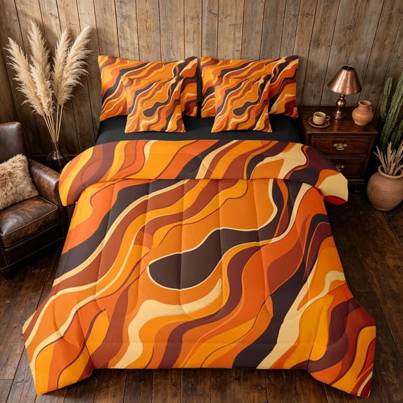 Manfei Abstract Swirl Full Size Bedding Sets, Burnt Orange Full Size Bed in a Bag, Black Reversible 7-Piece