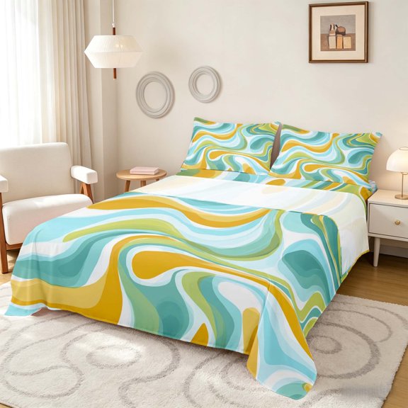 Manfei Abstract Swirl Queen Sheets, Teal Yellow Queen Sheet Sets, Reversible 4pcs1 Flat Sheet + 1 Fitted Sheet + 2 Pillowcases