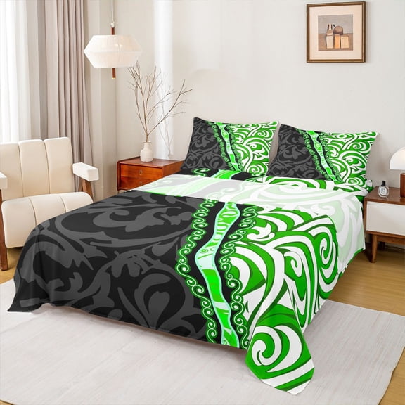 Manfei Abstract Swirl Stripes 4pcs Bed Sheets for Teens,Geometric Lines King Sheets,Black Green Super Cozy Sheet Set,Lightweight Room Decor