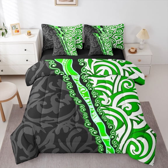 Manfei Abstract Swirl Stripes Bedding Comforter Set 7pcs for Teens,Geometric Lines Queen Bedding Sets Super Cozy,Black Green Queen Sheet Sets,Lightweight Room Decor,Reversible