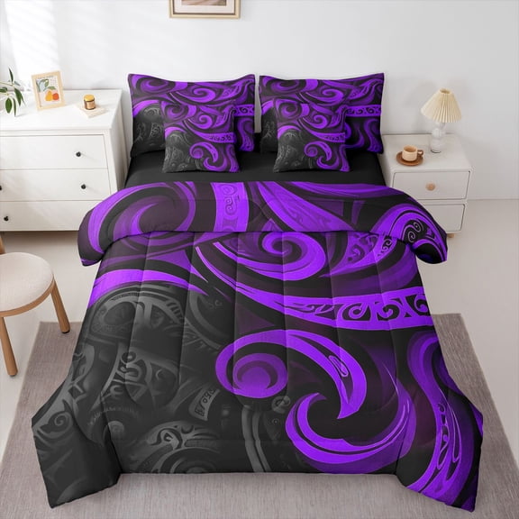 Manfei Abstract Swirl Stripes Twin Bedding Sets 7-Piece for Teens,Geometric Lines Bedding Comforter Set Microfiber,Black Purple Breathable Sheet Sets,Lightweight Room Decor,Reversible