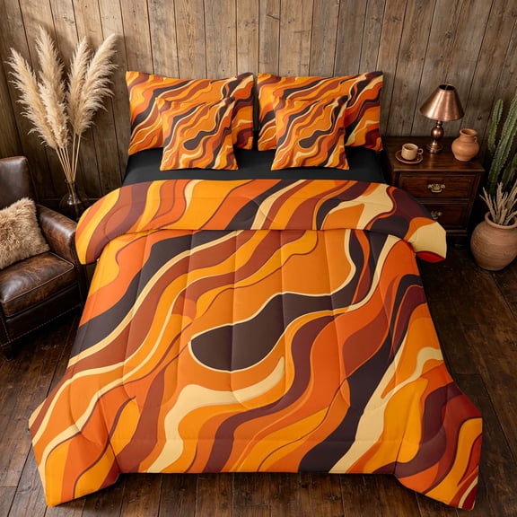 Manfei Abstract Swirl Twin Bedding, Burnt Orange Bedding Comforter Set, Black Reversible 7-Piece