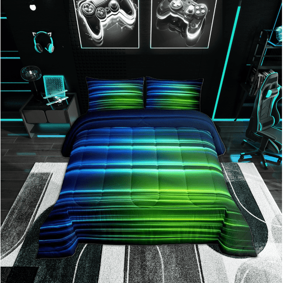Manfei Abstract Twin Comforter Sets, Blue Green Lines Bedding Set, 2 Pieces