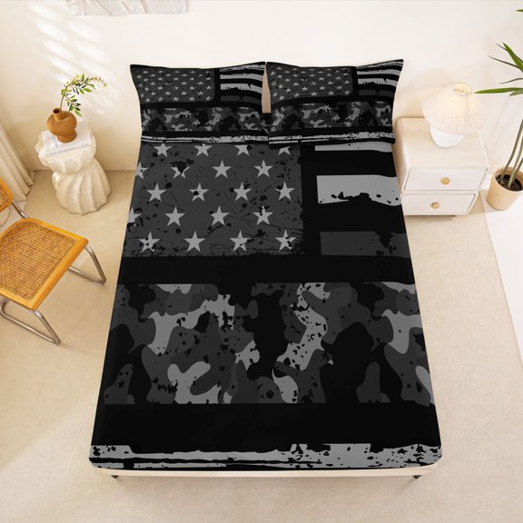 Manfei Abstract US Flag Camo Fitted Sheet Full, Countryside Theme Bed Set, Black, 3 Pieces, 1 Fitted Sheet and 2 Pillowcases