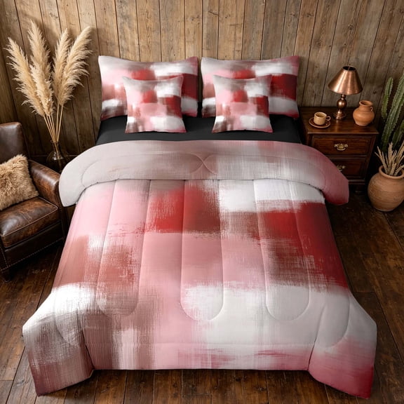 Manfei Abstract Watercolor Art Full Size Bedding Sets, Aesthetic Ombre Full Size Bed in a Bag, Pink Red, Black Reversible 7pcs
