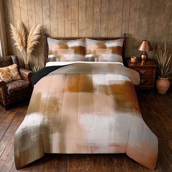Manfei Abstract Watercolor Art Full Size Comforter Sets, Aesthetic Ombre Bedding Comforter Set, Beige Brown Orange, Black Reversible 3 Pieces, 1 Comforter and 2 Pillowcases