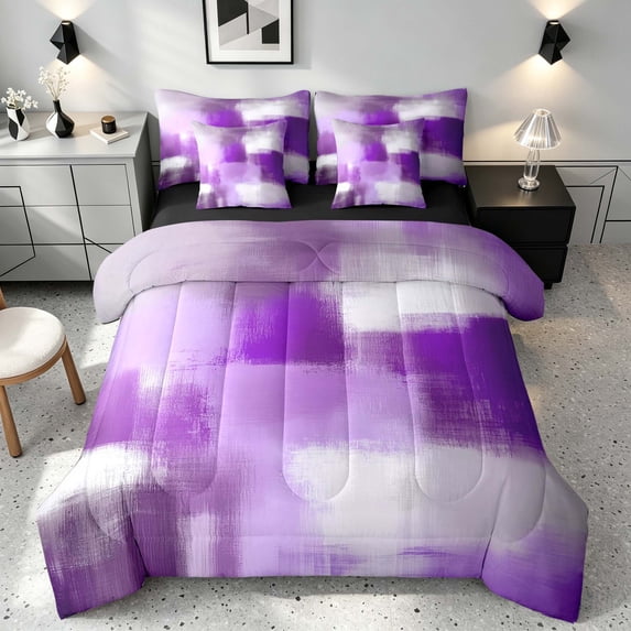 Manfei Abstract Watercolor Art King Bedding, Aesthetic Ombre King Bed in a Bag, Purple White, Black Reversible 7-Piece