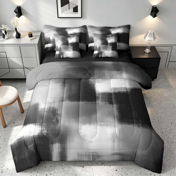 Manfei Abstract Watercolor Art Queen Bedding, Aesthetic Ombre Bedding Comforter Set Queen, Gray Black White, Black Reversible 7 Pieces