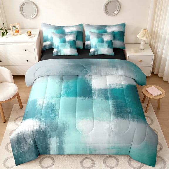 Manfei Abstract Watercolor Art Queen Bedding, Aesthetic Ombre Bedding Comforter Set Queen, Teal White, Black Reversible 7 Pieces